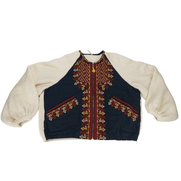 Free People Oversized Boho Boucle Bell Two Faced Embroidered Blue Red Jacket S - Picture 1 of 15